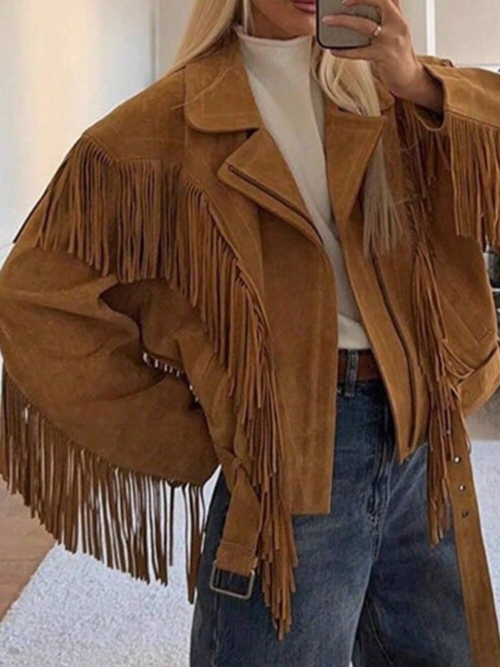 Khaki Casual Women's Faux Suede Fringe Lapel Moto Jacket - Picture 4 of 4